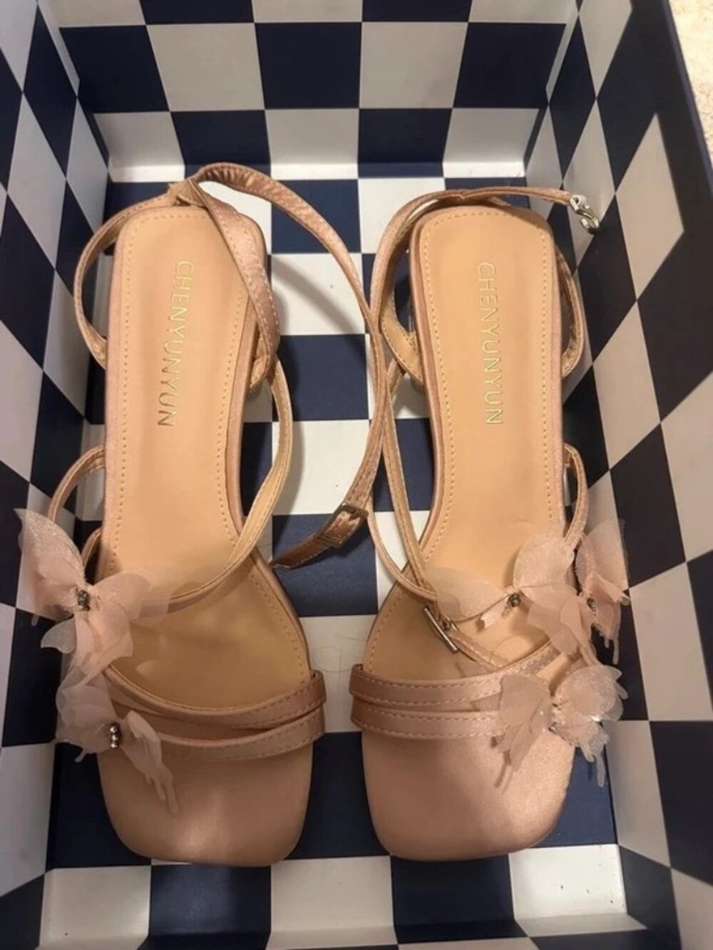 Nude Satin Strappy Sandals with Clear Block Heel and Floral Appliqué